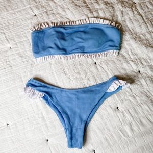 Powder Blue White Ruffle Cheeky Bandeau Bikini